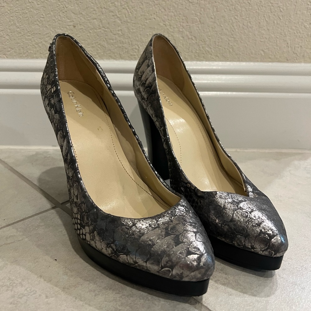 NEW Calvin Klein “Emmy” python print heels.